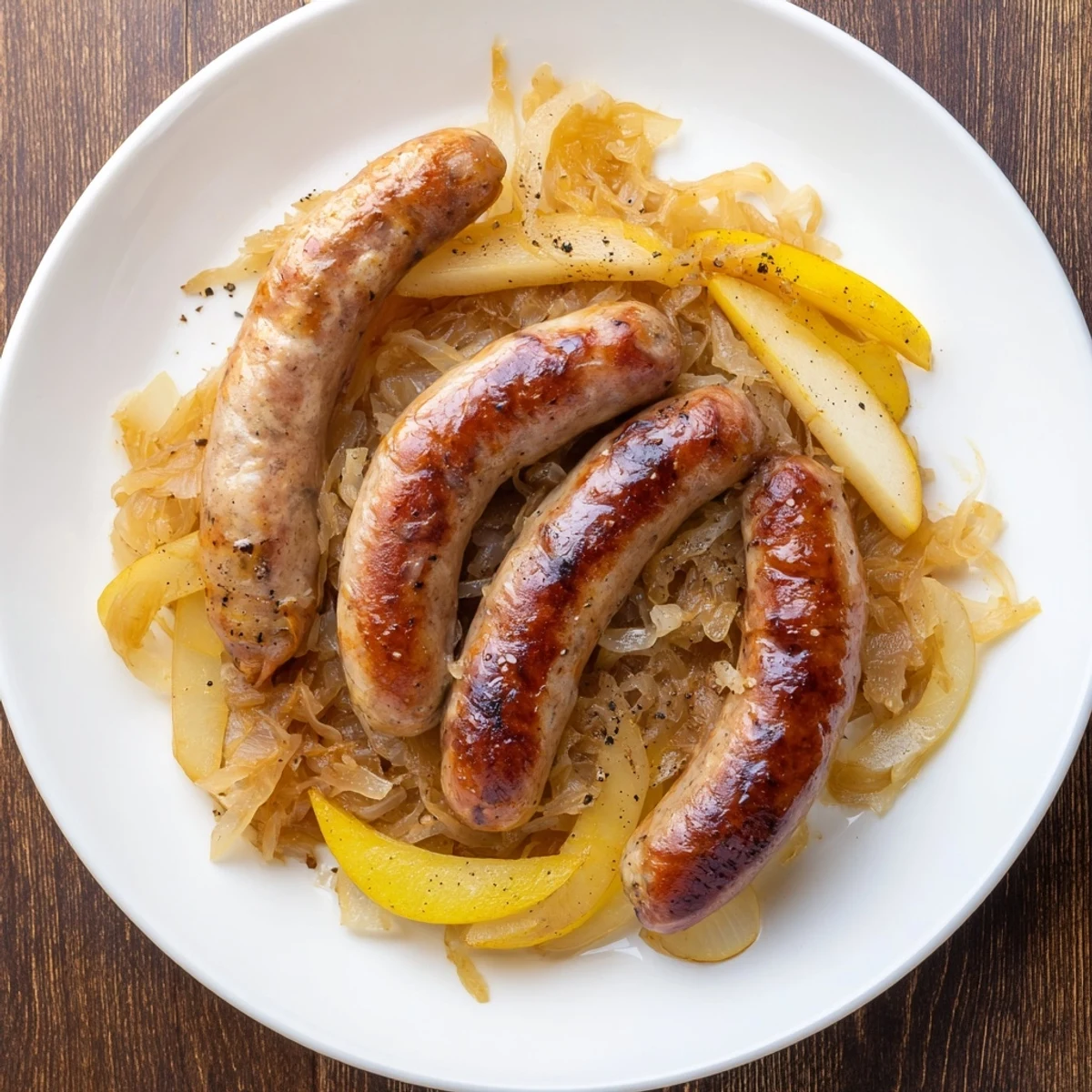 Saftige bratwurst mit sauerkraut, perfekt gebraten, wird auf einem Teller serviert.