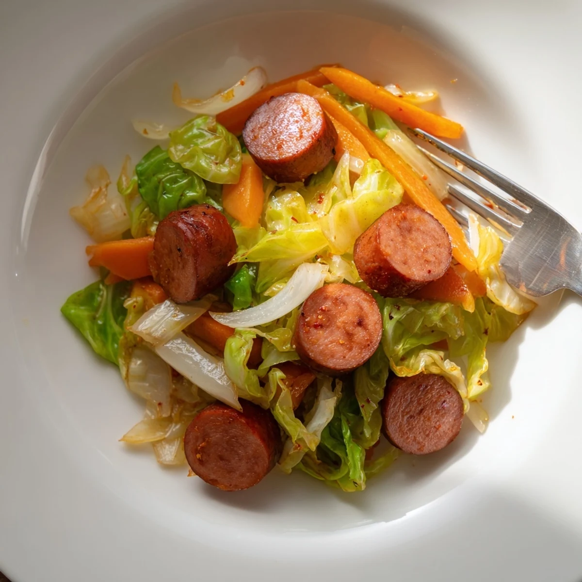 Genussvolles schnelles Kohl-und-Wurst-Rezept in einer bunten Pfanne zubereitet.