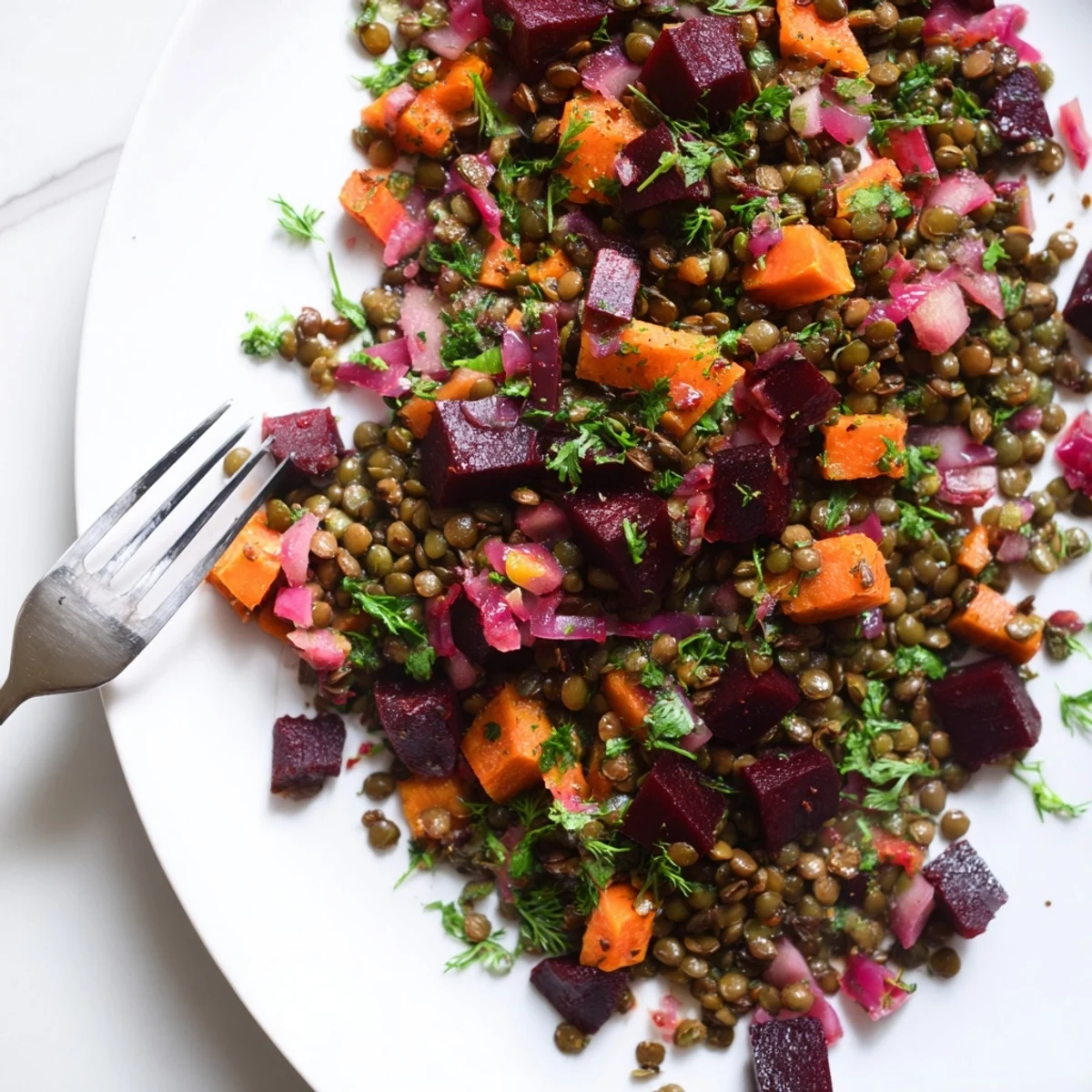 Lebendige Lentil and Beetroot Salad mit knackigem Gemüse und würziger Vinaigrette serviert.