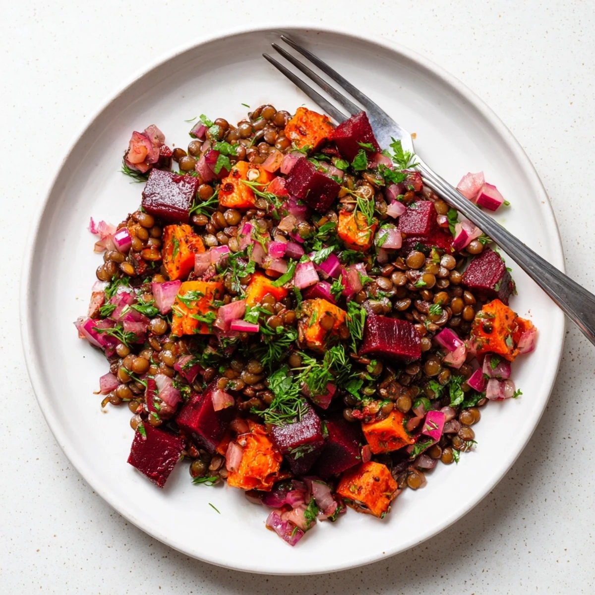 Farbiger Lentil and Beetroot Salad, perfekt als leichtes Mittagessen oder Beilage.