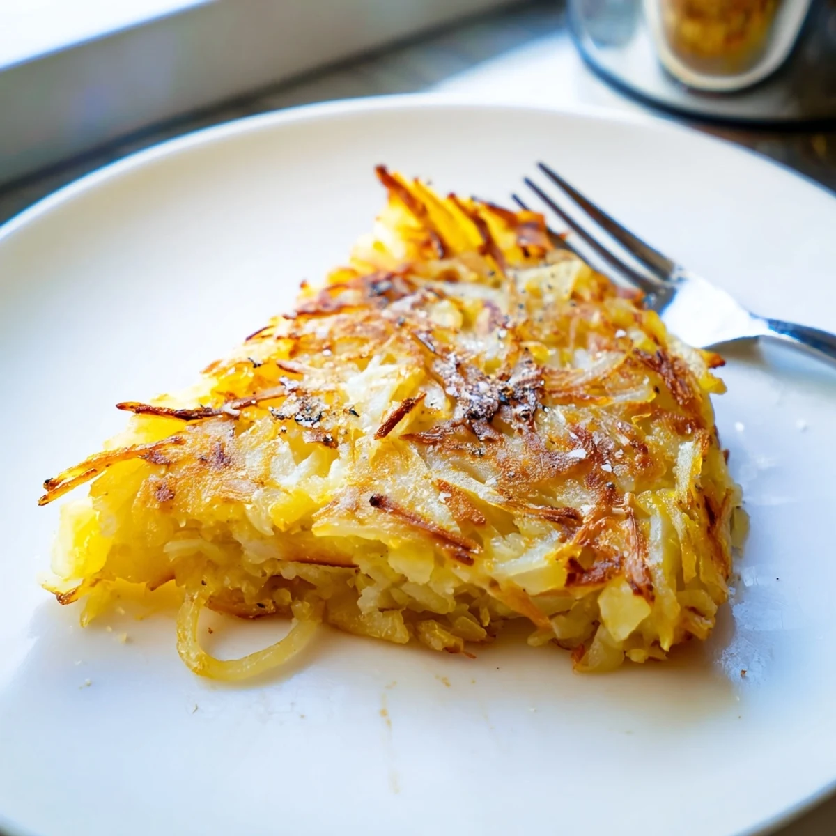 Crispy potato and onion rösti served hot, perfect for breakfast or brunch.  