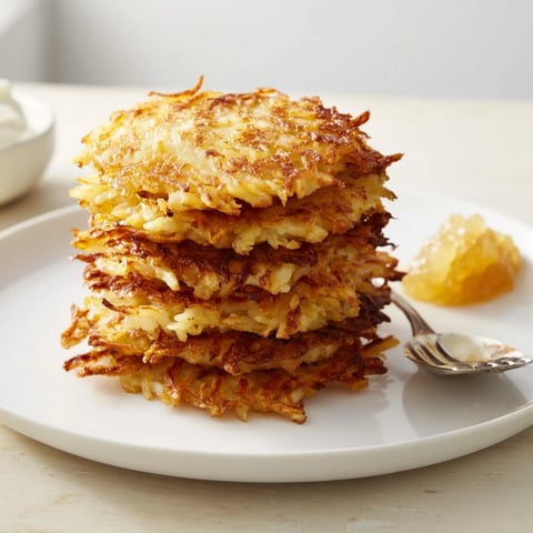 Knisprige deutsche Kartoffelpuffer auf einem Teller, serviert mit Apfelmus für zusätzlichen Geschmack.  